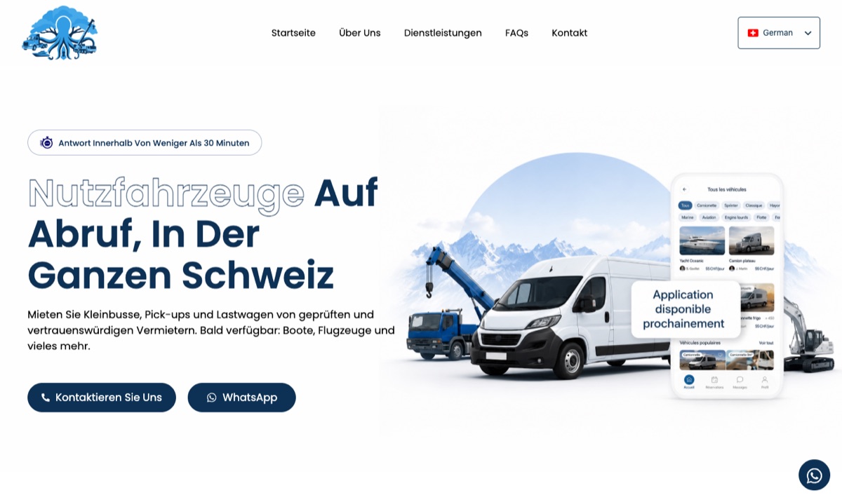 Octi's public website: utility vehicles on demand across Switzerland, with a preview of the mobile app marked as available soon.